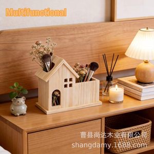 Wooden house-shaped <b>pen</b> holder, desktop stationery storage <b>box</b>, multi-purpose storage <b>box</b>, home desktop decoration. - Product Image 2