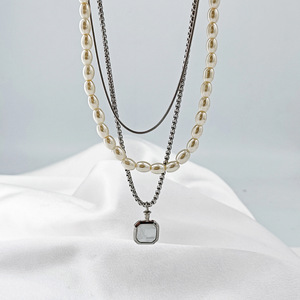 yunnique Faux Pearl Beaded Square Pendant Three Layer Necklace <b>Titanium</b> Steel Clavicle <b>Chain</b> For Men And Women Geometric Design - Product Image 1