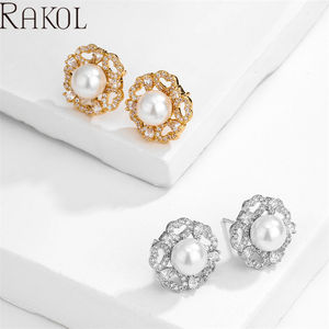 RAKOL EP5295 New Arrival Real Gold Plated Zircon Fashion Daily Use Round Freshwater Pearl Earrings - Product Image 4