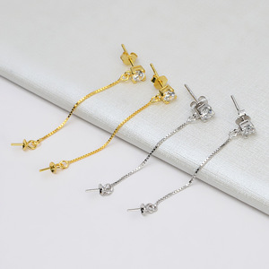 Boucles d'oreilles pendantes fines pour femme en argent S925, avec long pendentif à 5 perles et incrustation de perles, nouveau modèle 1377, accessoires DIY, support vide - Product Image 1