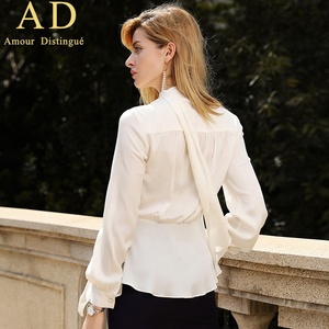 Elegante Camicetta Primaverile in <span class=keywords><strong>Raso</strong></span> Intrecciato Antirughe per Donne, <span class=keywords><strong>Bianca</strong></span> con Nastro, Produzione OEM ODM - Product Image 6
