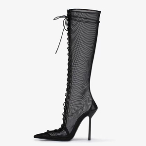 Bottes longues pour femme, grande taille 47, à lacets, avec découpes, en maille, pour l'été, à talons fins, à fermeture éclair latérale, coupe large - Product Image 2