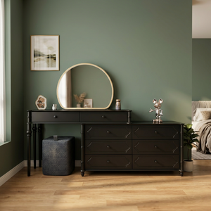 Modern <b>Black</b> Wood Makeup <b>Vanity</b> <b>Table</b> with Round Mirror and Storage Drawers for Bedroom Furniture - Product Image 4