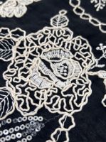 Tissu brodé noir à motif floral de roses, cordon tressé, sequins, doux, vintage, motif circulaire, textile brodé pour filles et garçons