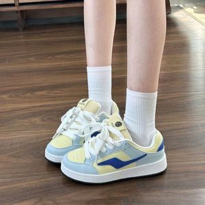 Trendy Hong Kong Style Women Bread Shoes, Blue Yellow Lightning Color <b>Block</b> Vibe, Letter Print Thick Sole Campus Skate - Product Image 3
