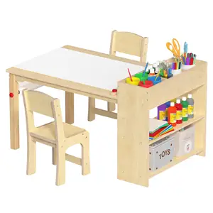 4-in-1 Design And Multiple Storage -Kids Wooden Multifunctional Table Chair Children Learning Activity Table Set Space Saving