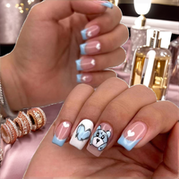 Faux ongles à presser pour femmes, rose nude, carrés, bleu ciel, motif cœur français, motif ours, style Kawaii pour fille douce