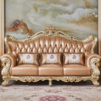 Canapé de salon de style européen, en cuir véritable, en bois massif sculpté, meubles de salon vintage pour villa et manoir