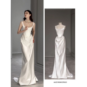 Satin Wedding Dress Milky White Square Collar Natural Waist Zipper Back Bridal Gown For Daily Wear X057 - Product Image 5