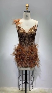 <span class=keywords><strong>Magnifique</strong></span> robe à bretelles ornée de paillettes et de plumes brodées pour une performance scénique ou une fête d'anniversaire de déesse - Product Image 3