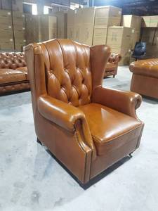 Vintage Houten Frame Tan Lederen Vleugel Fauteuil Getuft <span class=keywords><strong>Wingback</strong></span> Stoel Voor Woonkamer - Product Image 2