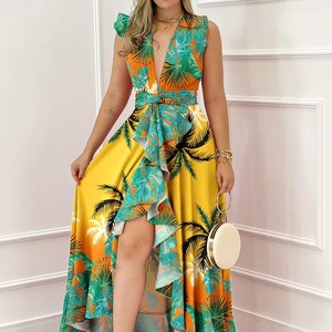 Vestido Casual con Estampado de Palmeras, Cuello en V Profundo, Cintura Alta, Asimétrico, Transpirable, para el Verano - Product Image 1