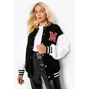 Mode femmes décontracté simple boutonnage poches couture Varsity veste longue surdimensionnée rose cuir manches Varsity veste - Product Image 4