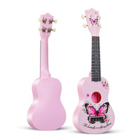 Ukulele 21-inci Desain Kupu-kupu & Bunga dengan Finishing Cat Bergradasi Warna, Gitar Mini yang Dapat Dimainkan, Grosir