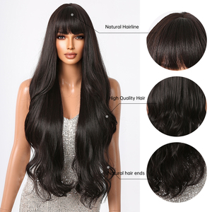 Peluca ondulada de cuerpo largo negro al por mayor de fábrica para mujer pelucas onduladas naturales sintéticas con flequillo fibra de pelo falso de fiesta diaria - Product Image 4