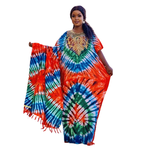 Vestido Maxi Tie Dye para Mujer, Manga Corta, Estilo Boho Holgado, Manga Casquillo, Bordado con Patrón Geométrico, Ropa Casual de Verano - Product Image 1