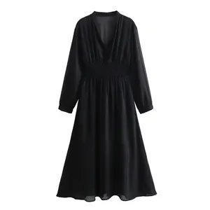 黑色v领长袖优雅设计女性休闲雪纺连衣裙