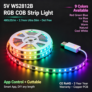 Bande <span class=keywords><strong>LED</strong></span> RVB WS2812B en cuivre 2,7 mm, haute densité 480 <span class=keywords><strong>LED</strong></span>/M, 5V basse tension, contrôle par application, découpable, dimmable, pour décoration intérieure - Product Image 1