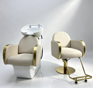 Ensemble de mobilier moderne pour salon de beauté : Lit de lavage, fauteuil de coiffure en cuir synthétique rembourré, hauteur réglable, rotation à 360 degrés - Product Image 1