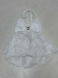 Bohemia Lace Halter Peplum A-line Top, Mesh Perspective Ring Detail Open <b>Back</b> <b>Tie</b> <b>Back</b> Top, Y2K Casual Summer Blouse - Product Image 6