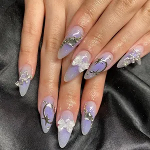 <span class=keywords><strong>Faux</strong></span> ongles Y2K amande mi-longs à rayures argentées, à presser, avec décoration étoiles et diamants, pointes violettes pour doigts - Product Image 1