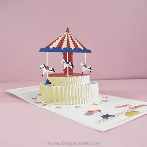 Creatieve Verjaardag Wenskaart 3d Handgemaakte Carrousel Cake Vorm Papier Carving Verjaardagskaart