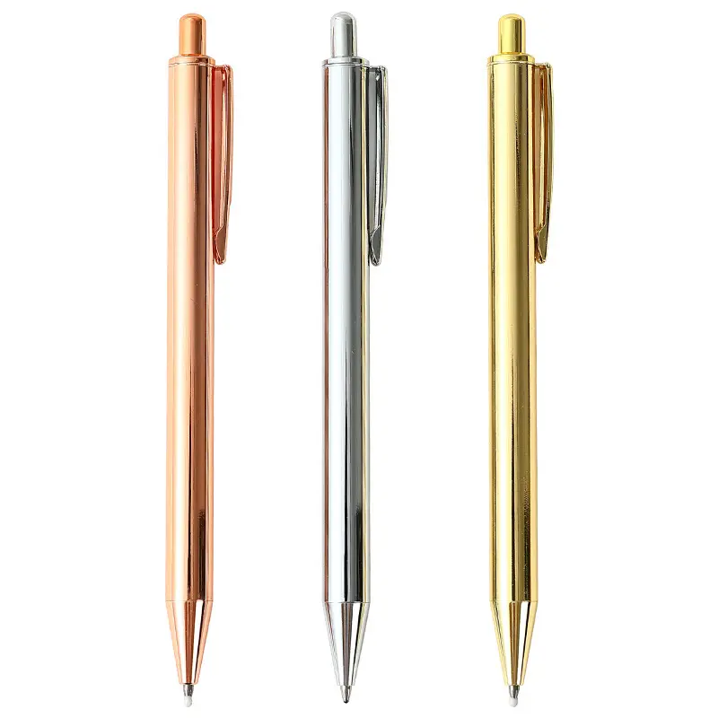 Slanke Rechte Gladde Metalen Balpen Groothandel Verguld Zilver, Gouden Metalen Pers Intrekbare Pen Spiegel Glanzende Afwerking Plating Pen