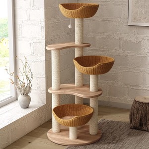 Arbre à chat tout-en-un en bois massif de caoutchouc et rotin, modèle X-03, avec deux paniers, capsule spatiale, style épuré pour chats - Product Image 2