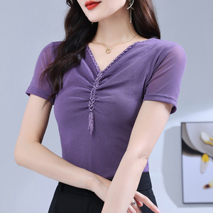 GA T-<span class=keywords><strong>shirt</strong></span> col en V avec perles à ongles, robe en <span class=keywords><strong>gaze</strong></span> <span class=keywords><strong>de</strong></span> style occidental, tenue d'été pour femmes, nouvelle robe en <span class=keywords><strong>gaze</strong></span> à manches courtes, petite chemise AA1209 - Product Image 3