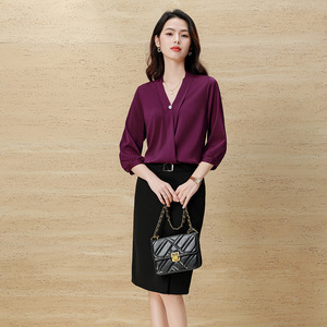 Maroon Chiffon Blouse Three Quarter Sleeve V Neck Korean Style Office Wear Women's Top Midi Skirt Set Simple Fashion - Product Image 1
