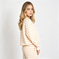 Sweat-shirt rayé à col montant pour femme en mélange de coton à manches longues, élégant, décontracté, pour l'automne, usage quotidien, vente en gros