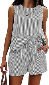 Conjunto de Pantalones y Camiseta Corta a Rayas para Mujer, Marca Privada, Cuello Redondo, Sin Mangas, Transpirable, Estilo Casual de Verano - Product Image 2