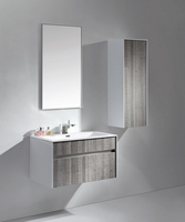 Meuble-lavabo flottant minimaliste blanc et gris avec tiroirs sans poignées, miroir sans cadre et armoire de rangement, certifié CE