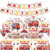 Kit de Fournitures pour Fête d'Anniversaire Thème Camion de Pompiers : Assiettes en Carton, Gobelets, Serviettes, Nappe, Couverts, Bannière Suspendue, Guirlande, Vaisselle