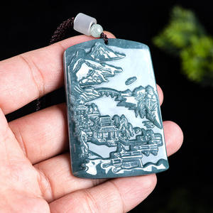 Pendentif en Jade Naturel de Jadéite Bleue, Motif Paysage Montagneux et Carte de Résidence, Design Original UNISEXE SS09 - Product Image 3