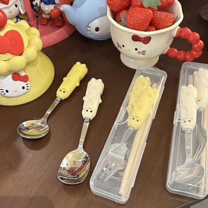 Cartoon Style Portable Cutlery Set Spoon Fork Chopsticks Kit For Children Students Travel Use With Plastic Case - Product Image 4