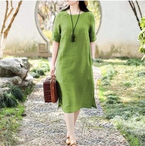 <span class=keywords><strong>Robe</strong></span> mi-longue décontractée d'été vintage en <span class=keywords><strong>coton</strong></span> et <span class=keywords><strong>lin</strong></span> à manches courtes pour femme, idéale pour la <span class=keywords><strong>plage</strong></span> et les fêtes - Produit tendance OEM Liu Ming - Product Image 4