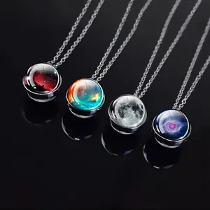 Wholesale Luminous Planets Nebula outer space glass Ball Pendant Silver Metal Chain Jewelry Women Necklace