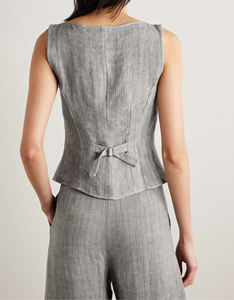 OEM Custom Brand Logo Women's <b>Linen</b> Blended Full length Casual <b>Set</b> Daily Wear Striped <b>Linen</b> Vest and Pants 2 Piece <b>Set</b> - Product Image 3