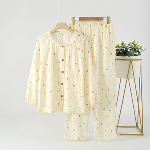 Set pigiama da <span class=keywords><strong>donna</strong></span> in puro <span class=keywords><strong>cotone</strong></span> stile giapponese primavera autunno girocollo a maniche lunghe estivo sottile abbigliamento per la casa ODM - Product Image 2