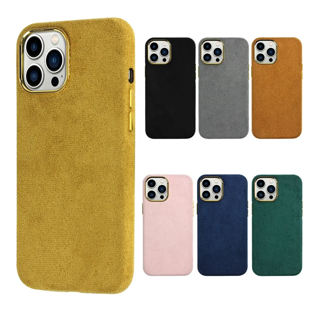 Luxury Furry Phone Cover with Metal Buttons Golden Camera Ring for Women Men for iPhone 13 Pro Max 12 11 Fur Leather Phone Case