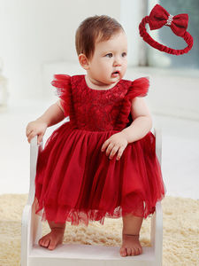 Abito da Battesimo Ricamato per Bambina 0-2 Anni, Vestito Rosso Vaporoso e Bellissimo per Feste di Compleanno - Product Image 4