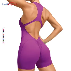 Hete Verkopende Zachte Halve Rits Vrouwen Open Rug Romper Bodysuits Mouwloze Gewatteerde Sexy Dames Workout Hardloopactivewear Sets