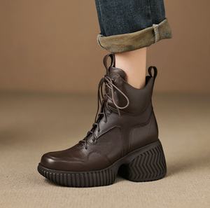 Chaussures à talons hauts pour femmes, bout pointu, en cuir véritable souple, talon bloc, fermeture à enfiler, semelle extérieure en caoutchouc, nouvelle collection automne-printemps - Product Image 1