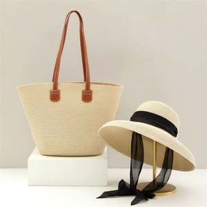 Sombrero de Paja de Ala Ancha Unisex al por Mayor con Bordado a Mano a Cuadros y Bolsa de Papel Tejida de Gran Capacidad para Playa, Esquí y Viajes - Product Image 3
