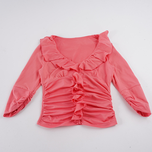 Top fucsia con volantes y cuello en V, manga 3/4, corte holgado, estilo francés, sexy, versátil, básico, informal, para primavera y otoño - Product Image 6