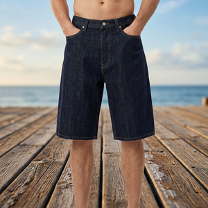 Shorts en jean délavé foncé pour homme, coupe large, taille mi-haute, 100 % coton, respirant, tissé, style décontracté d'été - Product Image 2