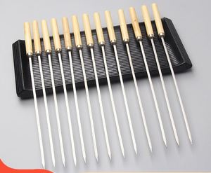 Stainless Steel Barbecue Stick with Wooden Handle Flat Barbecue Fork and Needle Kitchen <b>Tools</b> - Product Image 3
