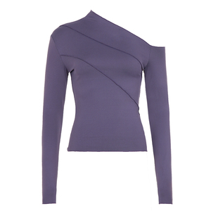 Top de punto asimétrico con hombros descubiertos para mujer, camiseta básica de manga larga de color liso, jersey elástico informal de moda - Product Image 6