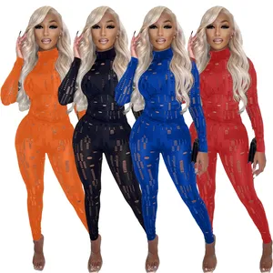 2023 Women Sexy See Through Tops Two Piece Set Fall Fashion Clothing Crop Tops Mesh 2 Piece Set Sweat Joggers Pants